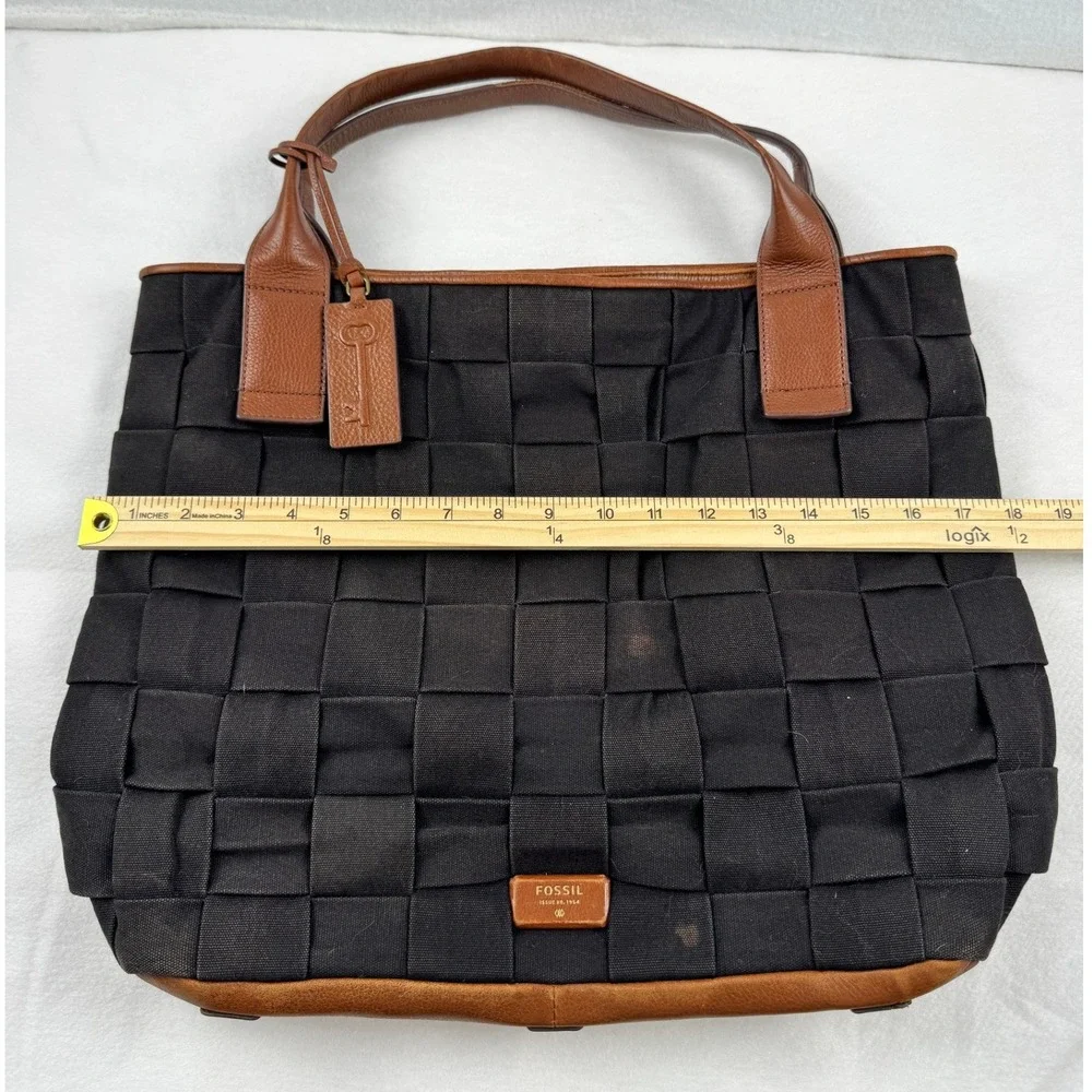 Fossil Woven Canvas Tote Bag Black Brown Leather Trim Shoulder Bag Key Fob